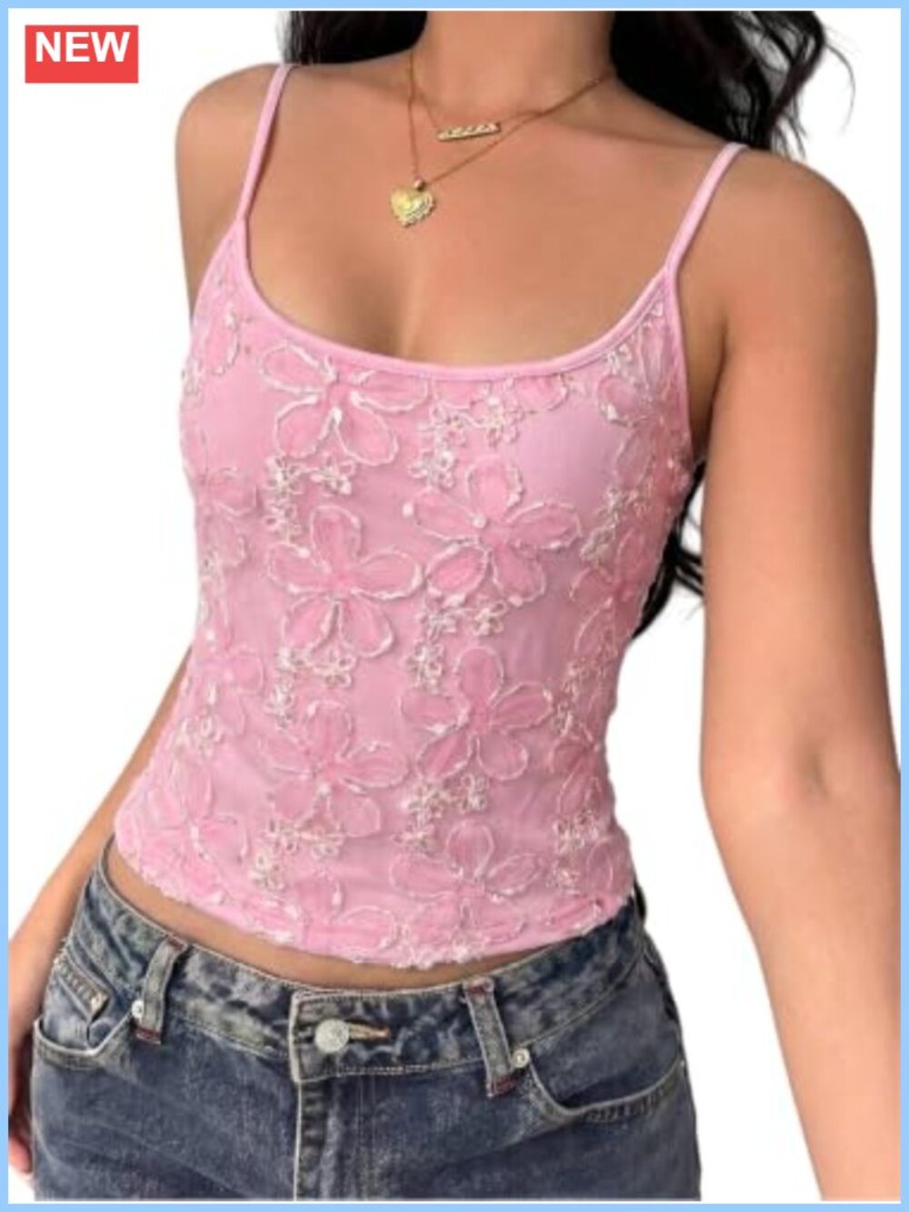 Lace Trim Sequin Camisole Cropped Slim Fit Spaghetti Strap Tank Top